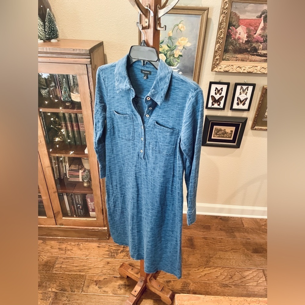 Talbots 3/4 sleeve stretch midi shirt dress below knee 100% cotton SZ S blue - Picture 3 of 8